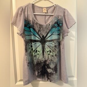 Faded Glory Gray Tee with Blue Butterfly Design